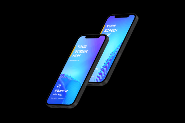 多色漂浮的iPhone 12手机屏幕展示设计样机 iphone-12-mockup