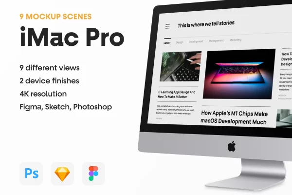9个不同视图的iMac Pro苹果电脑Sketch样机Fig样机UI设计屏幕展示样机PS素材下载Top 9 iMac Pro Mockups