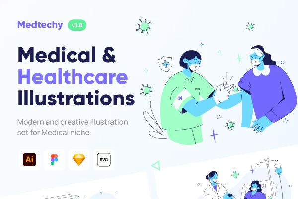 现代创意医疗保健行业矢量插画集Medtechy – Medical & Healthcare Illustration Set
