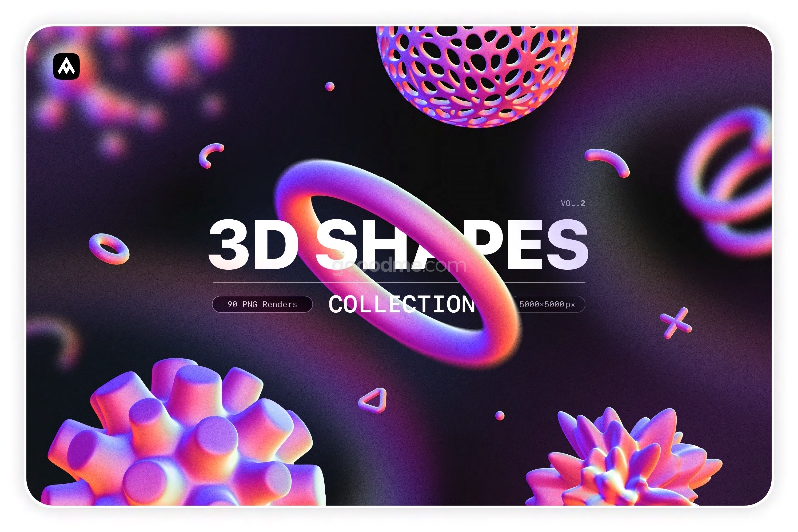 703 90款炫彩酸性渐变3D抽象未来机能赛博朋克几何图形PNG免扣图片素材 Samolevsky – 3D Shapes Collection