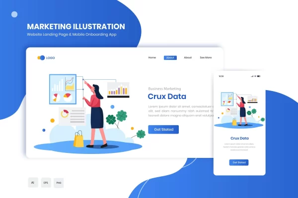 网站着陆页APP启动页插画素材 Crux Data Flat Landing & Onboarding App