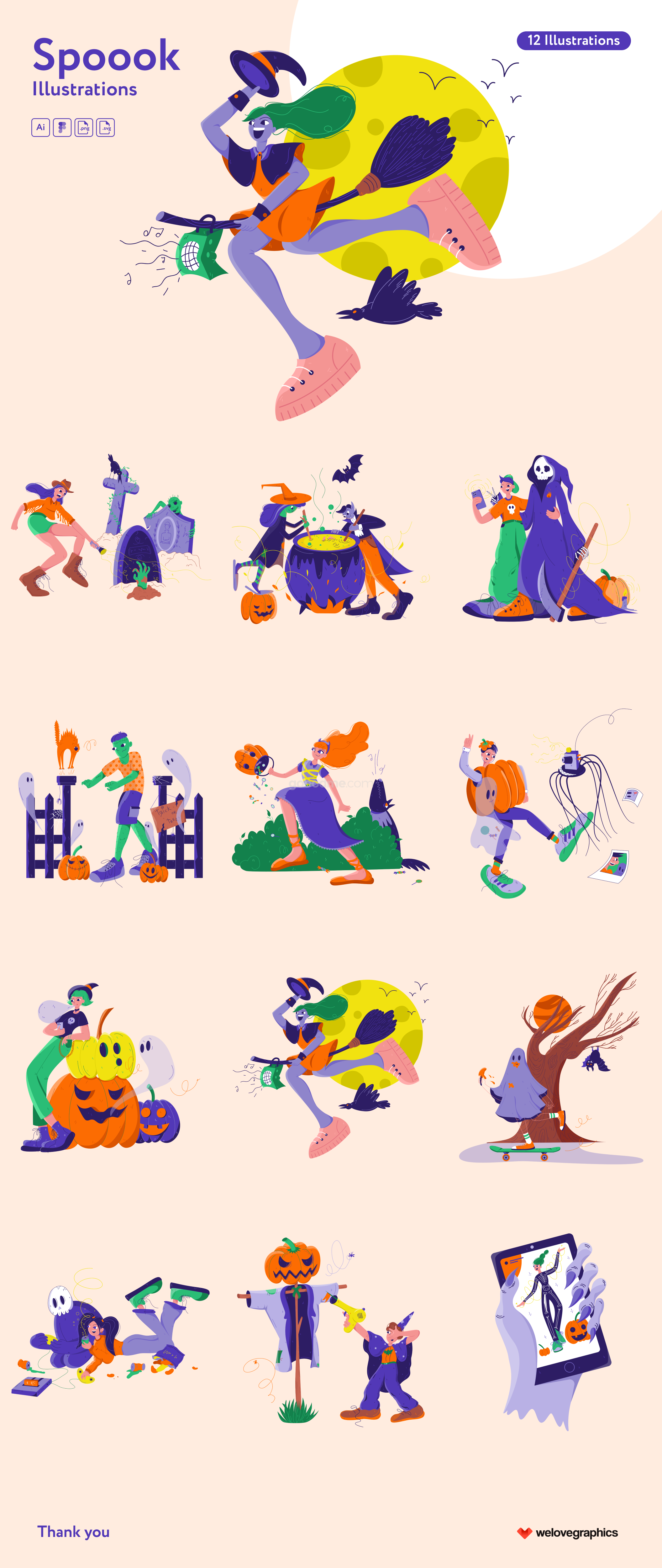 万圣节主题彩色矢量插图设计素材 Spoook Illustrations