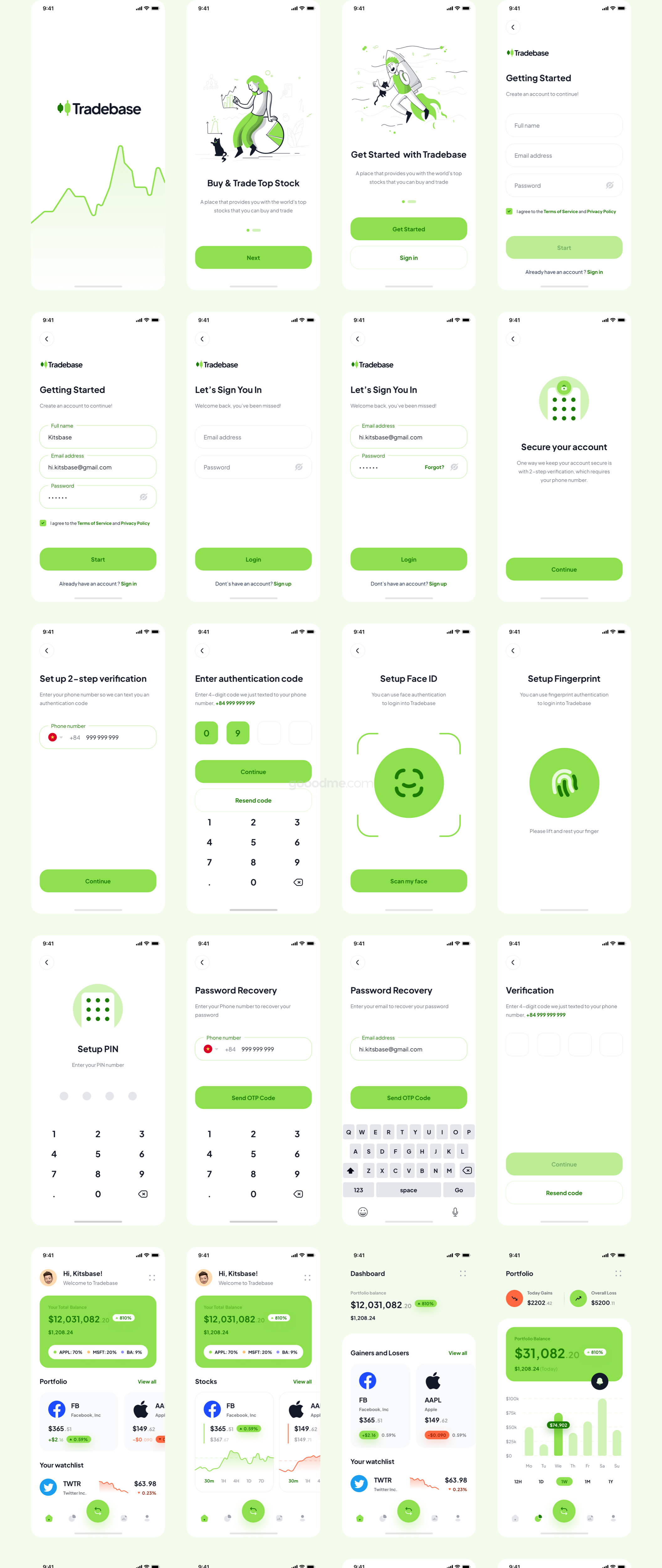 金融股票主题应用程序APP界面设计套件素材 Tradebase – Stock App UI Kit