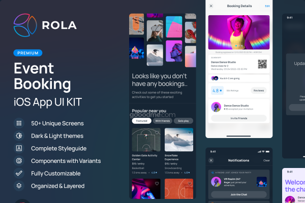 优质体育电影院沙龙活动体验预订iOS APP界面设计UI套件 ROLA – Event App iOS UI Kit