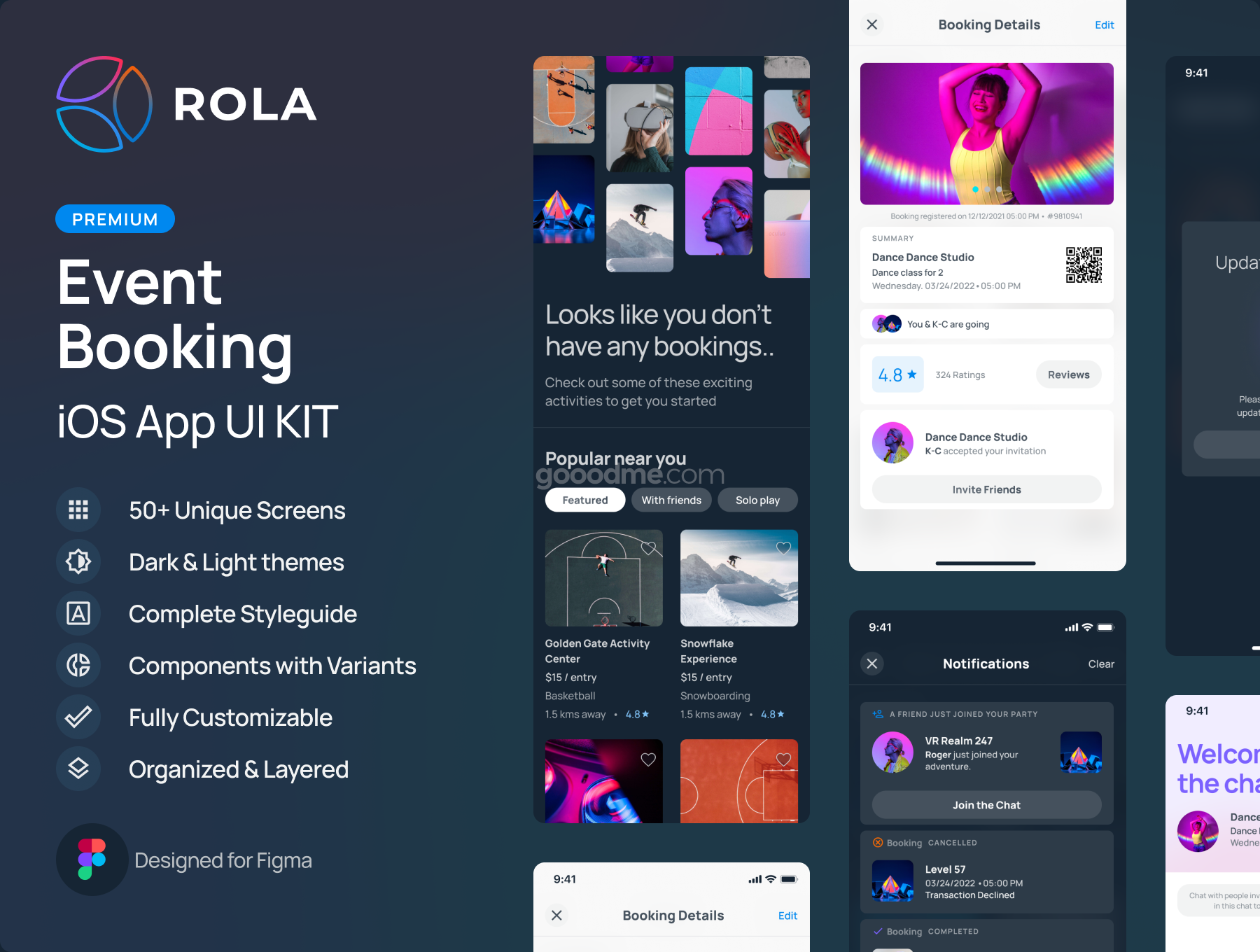 优质体育电影院沙龙活动体验预订iOS APP界面设计UI套件 ROLA – Event App iOS UI Kit