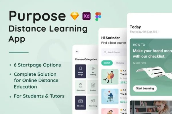 在线教育学习平台app模版UI设计素材Purpose – Distance Learning App Template