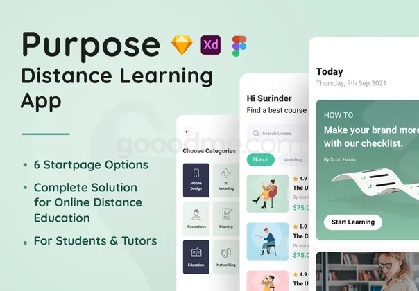 在线教育学习平台app模版UI设计素材Purpose – Distance Learning App Template _ 果觅网（gooodme）