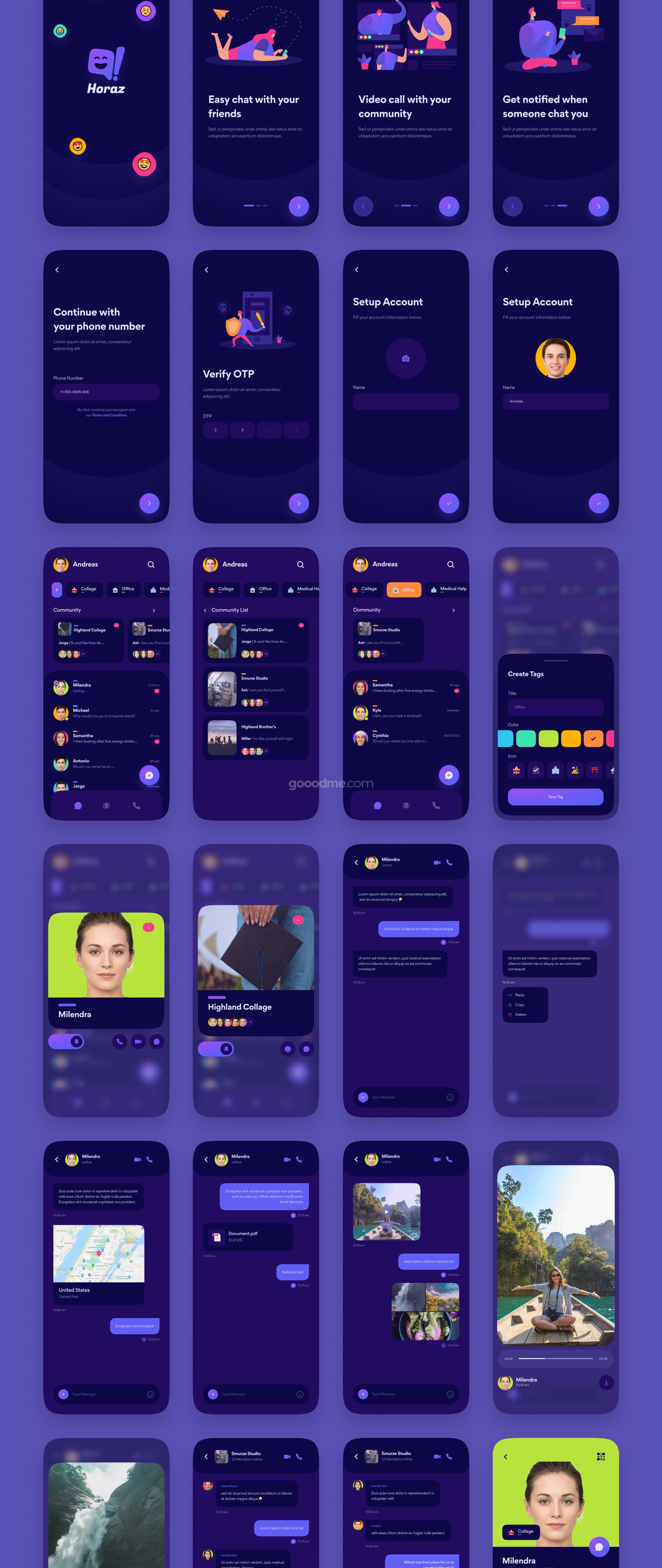 社交通讯兴趣交友类APP应用 UI 套件Horaz – Community & Personal Messanger App UI Kit