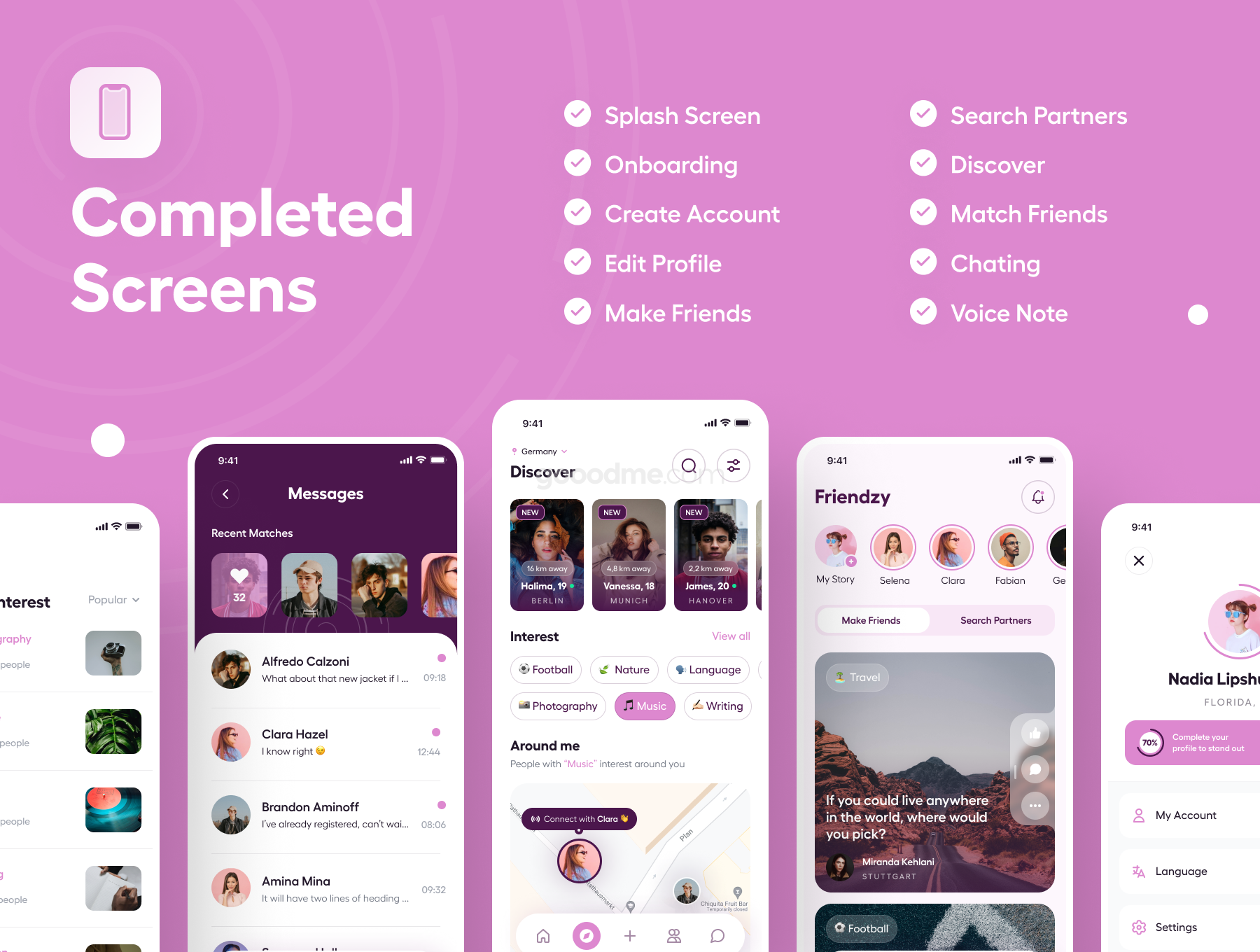 陌生人社交聊天类APP应用程序界面UI设计模板Friendzy – Dating App UI Kit