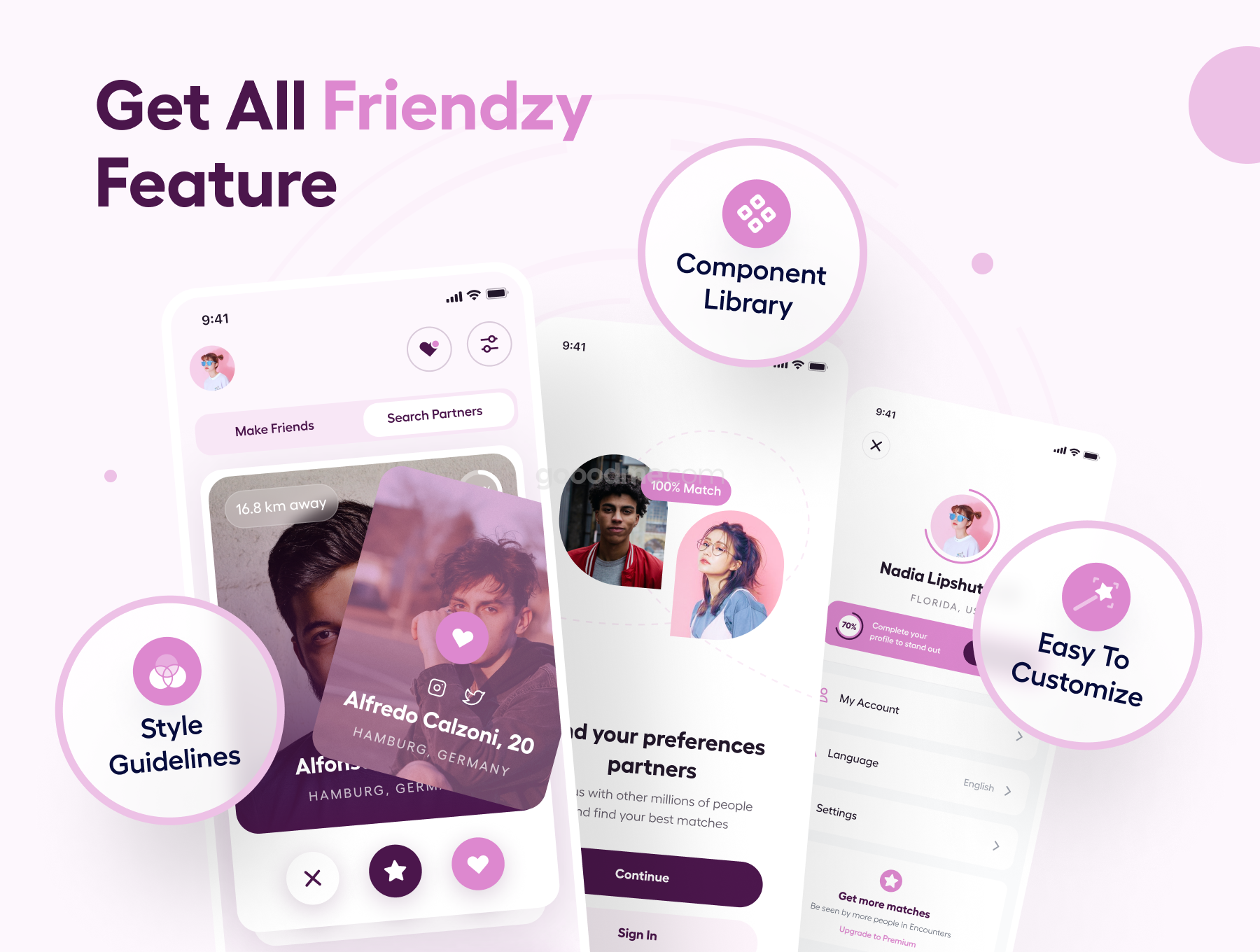 陌生人社交聊天类APP应用程序界面UI设计模板Friendzy – Dating App UI Kit