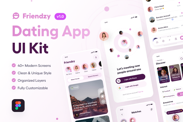 陌生人社交聊天类APP应用程序界面UI设计模板Friendzy – Dating App UI Kit