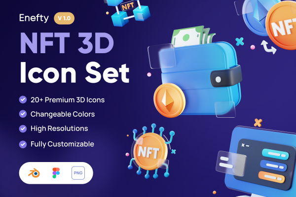 NFT 行业的现代创意 3D 图标集Enefty – NFT 3D Icon Set