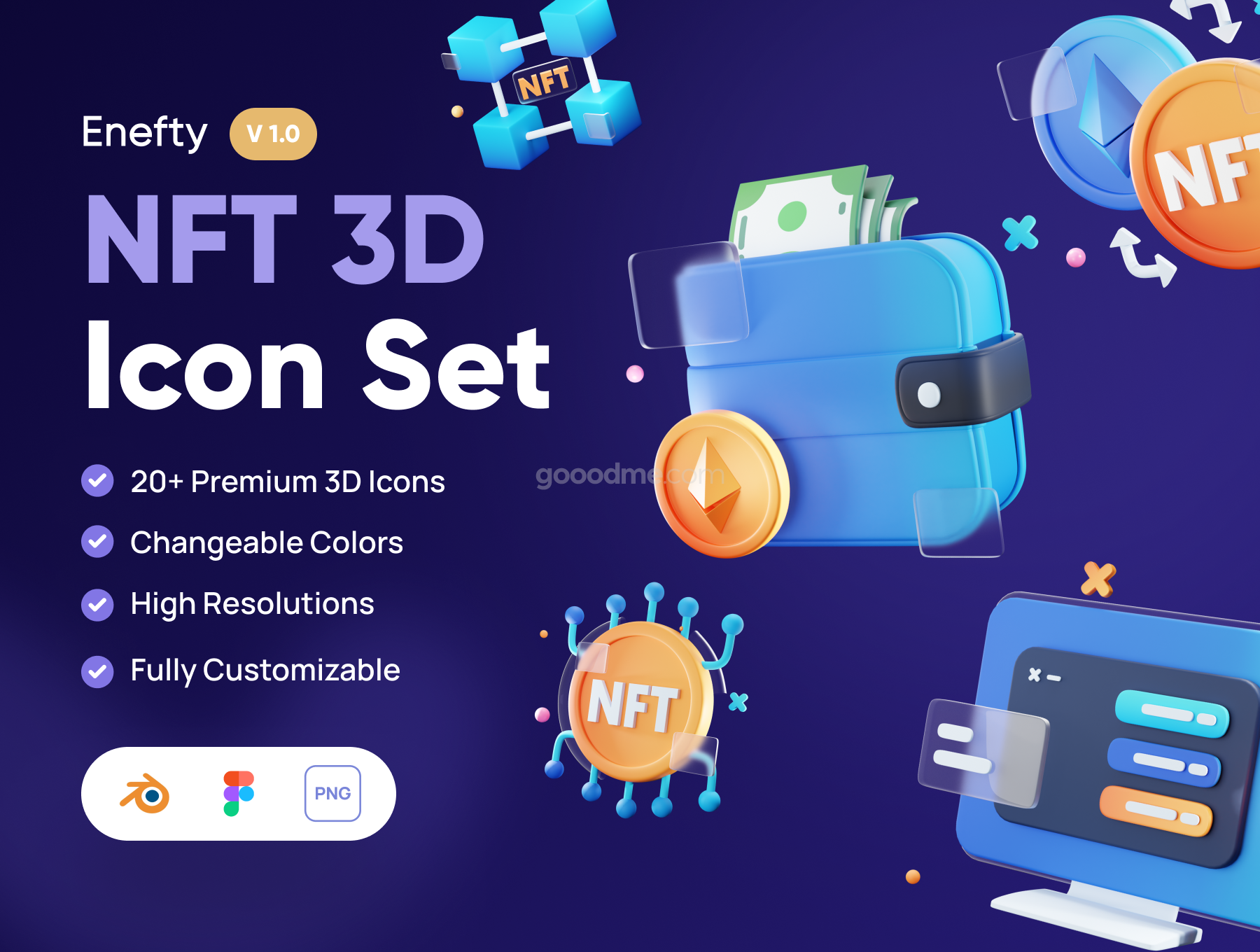 NFT 行业的现代创意 3D 图标集Enefty – NFT 3D Icon Set