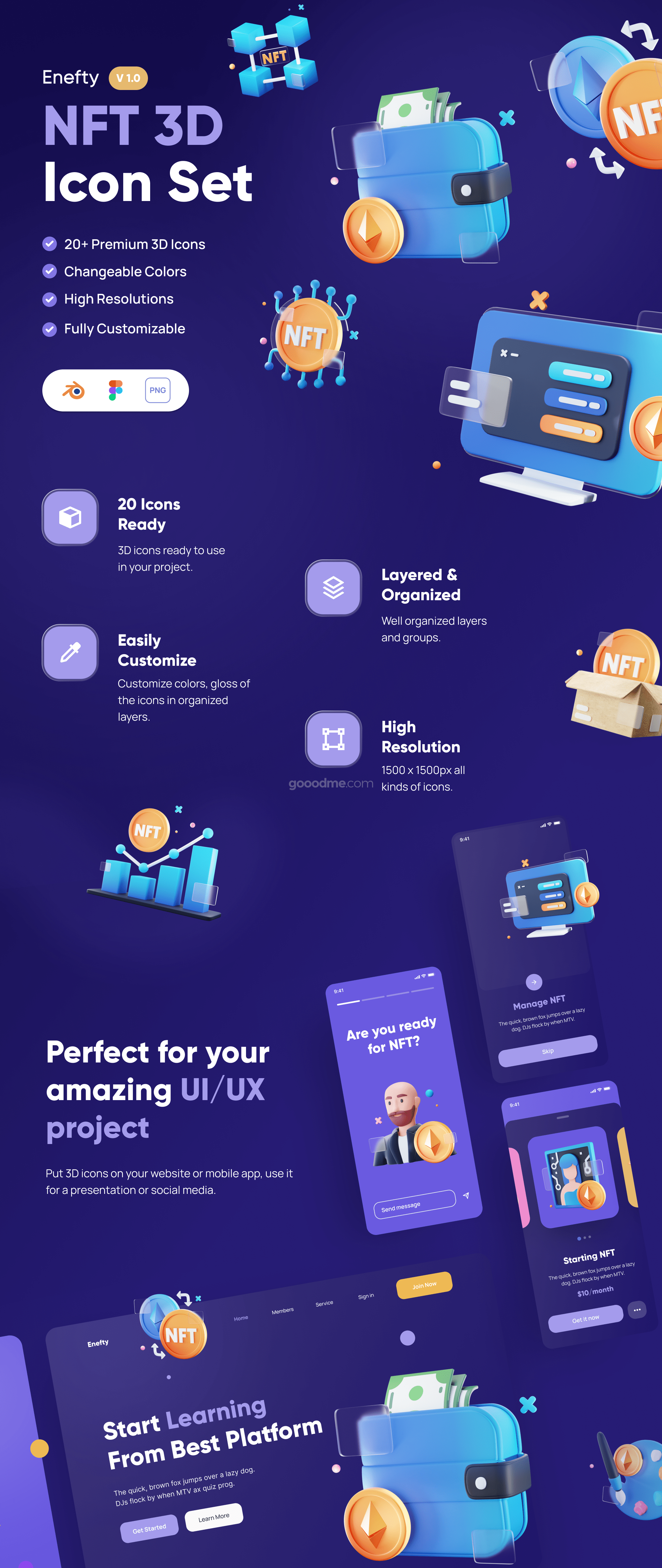 NFT 行业的现代创意 3D 图标集Enefty – NFT 3D Icon Set