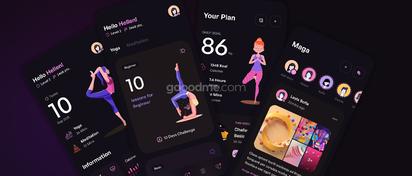 瑜伽和冥想在线应用 UI 设计模板套件Maga – Yoga & Meditation UI Kit