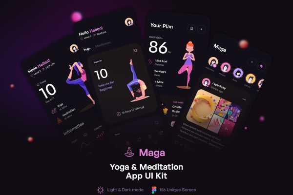 瑜伽和冥想在线应用 UI 设计模板套件Maga – Yoga & Meditation UI Kit