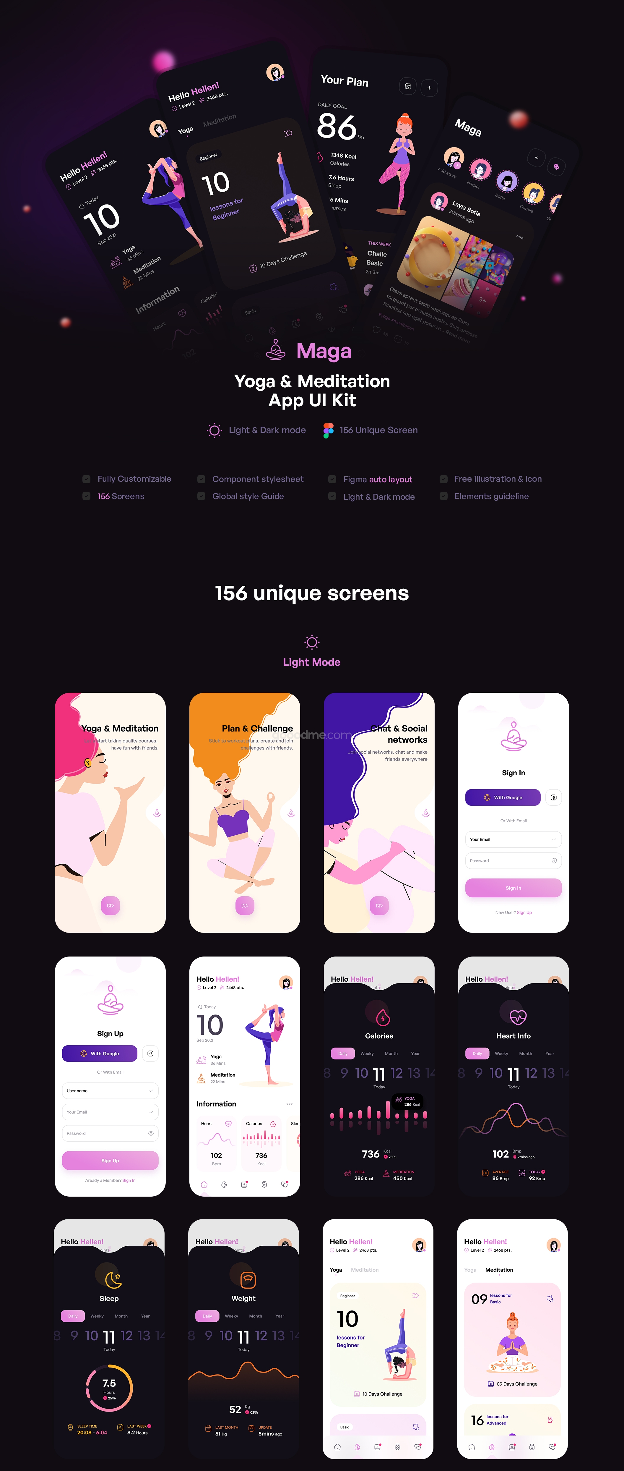 瑜伽和冥想在线应用 UI 设计模板套件Maga – Yoga & Meditation UI Kit