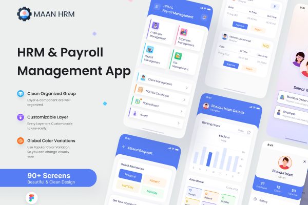 现代时尚独特的设计完全可定制人力资源管理和薪资管理APP应用程序 UI界面设计模板Maan HRM- HRM & Payroll Management App UI