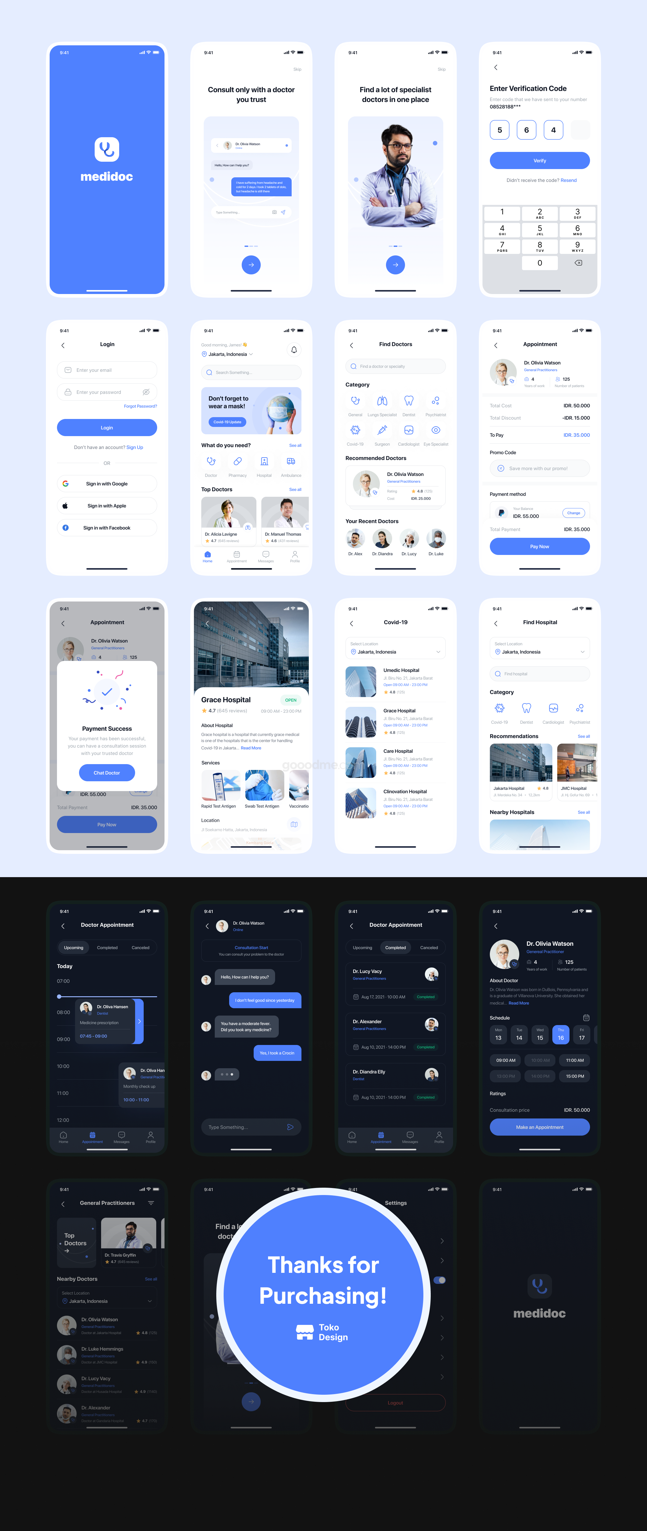 在线医疗平台 APP界面设计 UI 模板套件Medidoc – Medical UI Kit