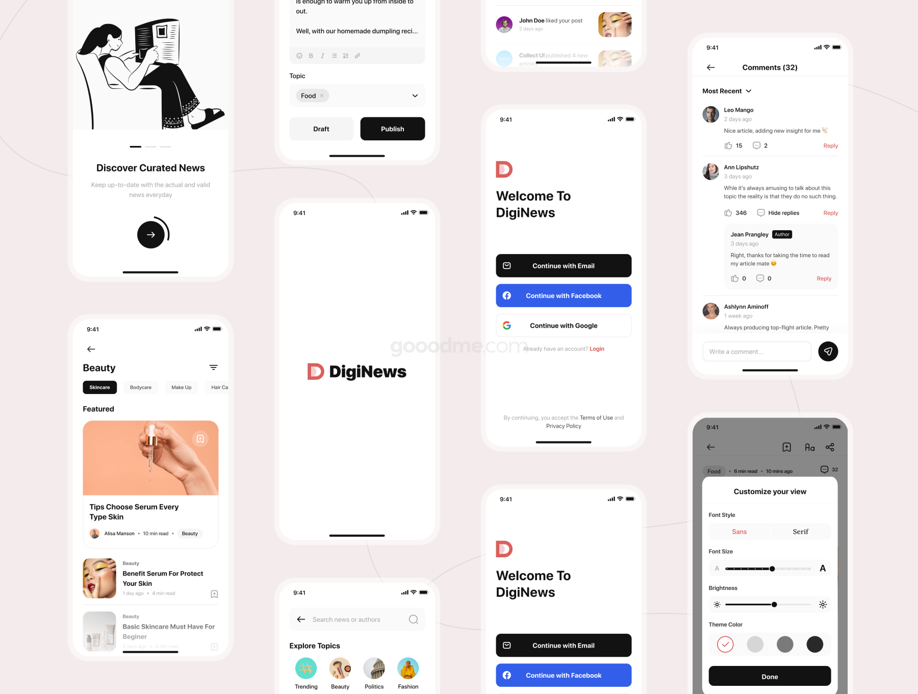 文章博客和新闻应用APP程序 UI 设计套件DigiNews – News App UI Kit