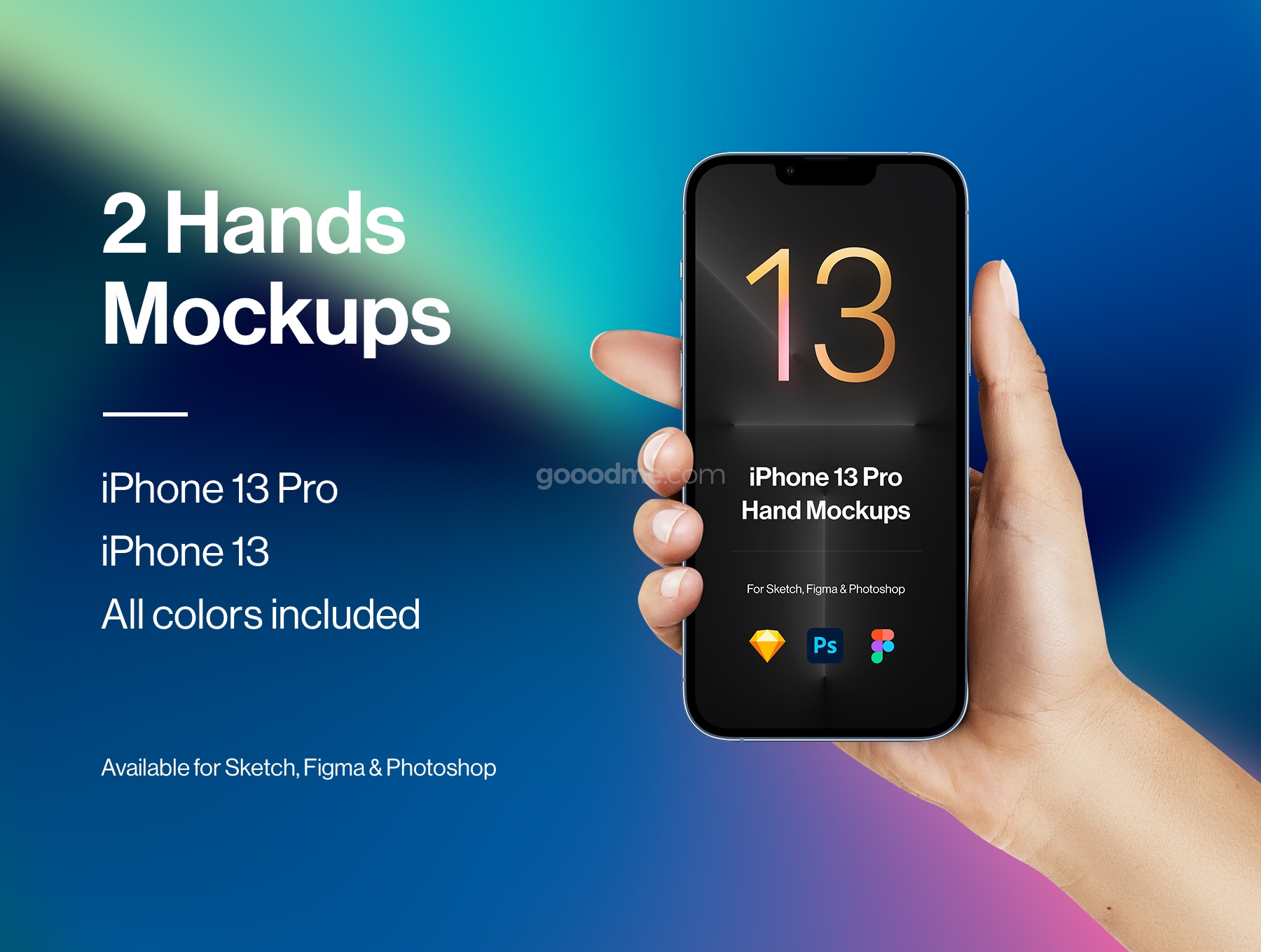 2 款手持手机模型 iPhone 13 Pro 和 iPhone 13UI展示样机素材 2 Hands Mockups iPhone 13 Pro & iPhone 13