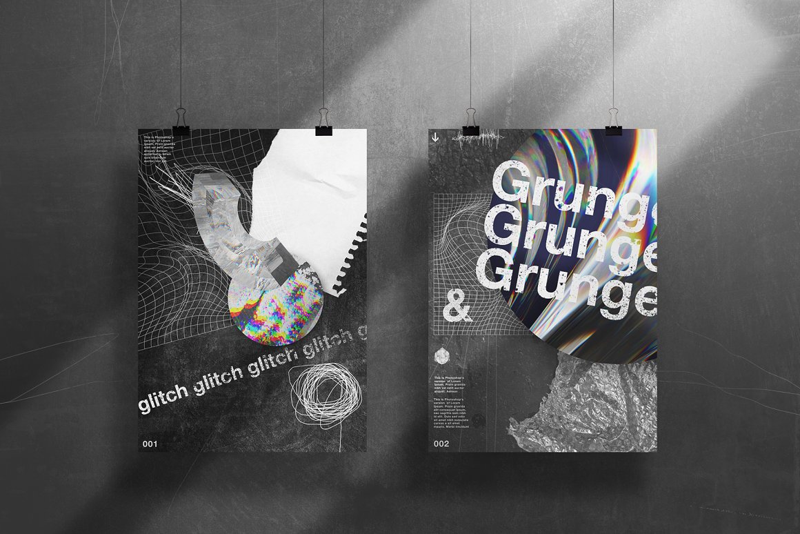 665 潮流抽象故障扭曲网格塑料薄膜海报设计背景纹理素材 Grunge&Glitch – Toolkit 7in1