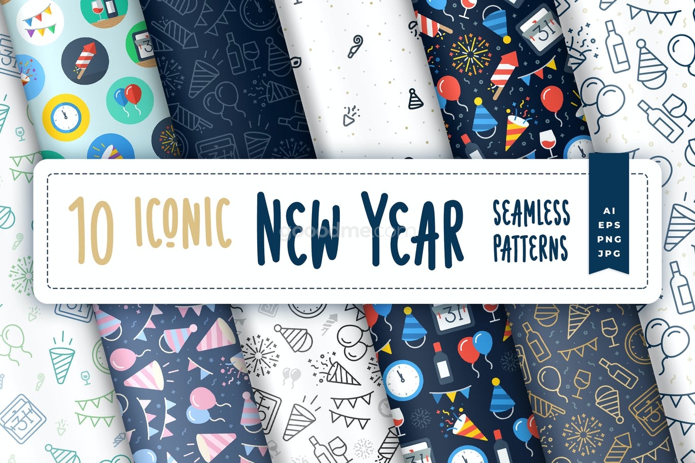 757 10款新年元素小图标无缝矢量底纹背景设计素材Iconic New Year Seamless Patterns