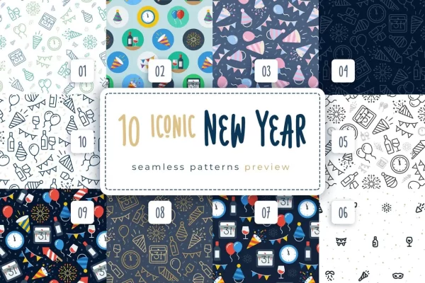 757 10款新年元素小图标无缝矢量底纹背景设计素材Iconic New Year Seamless Patterns