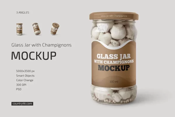透明玻璃瓶装干鲜香菇包装设计样机PS素材 Glass Jar with Champignons Mockup
