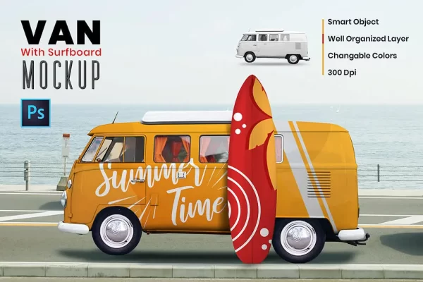 旅行房车带冲浪板设计样机PS素材 Van with Surf Board Mockup