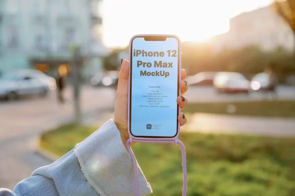 街道场景iPhone 12 Pro Max充满阳光的手机屏幕展示场景样机PS素材mockup template iphone 12-pro-max-on-sunny-street