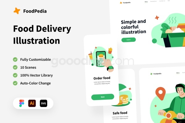 绿色主题美食点餐配送外卖UI插图插画套件 Foodpedia – Food Delivery Illustration KIT