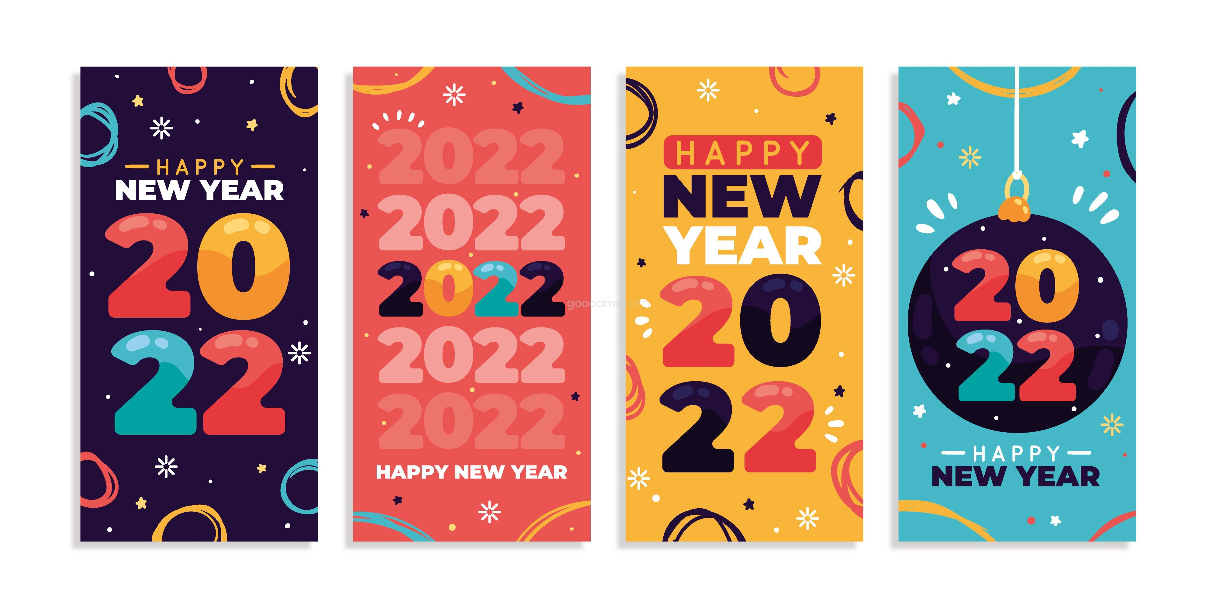 771 5款可商用2022新年手绘矢量插画banner素材watercolor happy new year 2022 horizontal banner