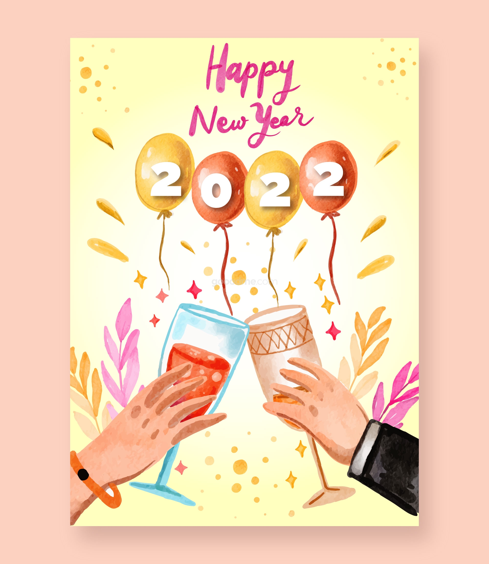 771 5款可商用2022新年手绘矢量插画banner素材watercolor happy new year 2022 horizontal banner