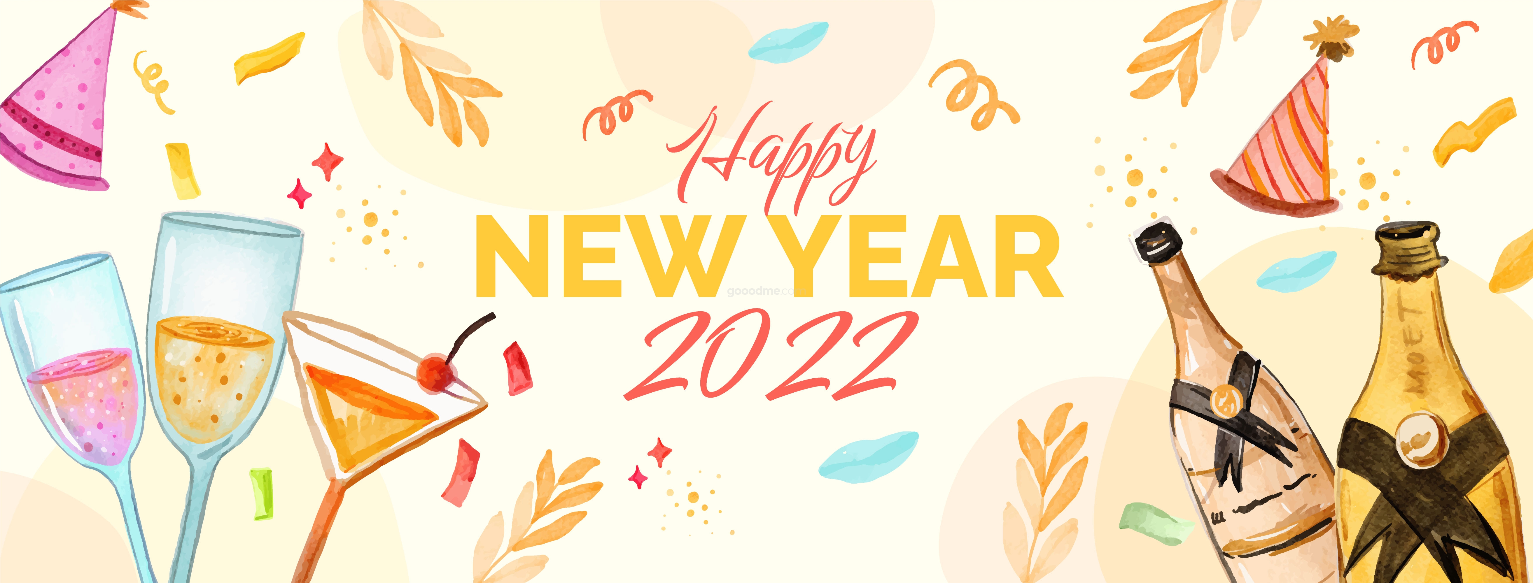 771 5款可商用2022新年手绘矢量插画banner素材watercolor happy new year 2022 horizontal banner