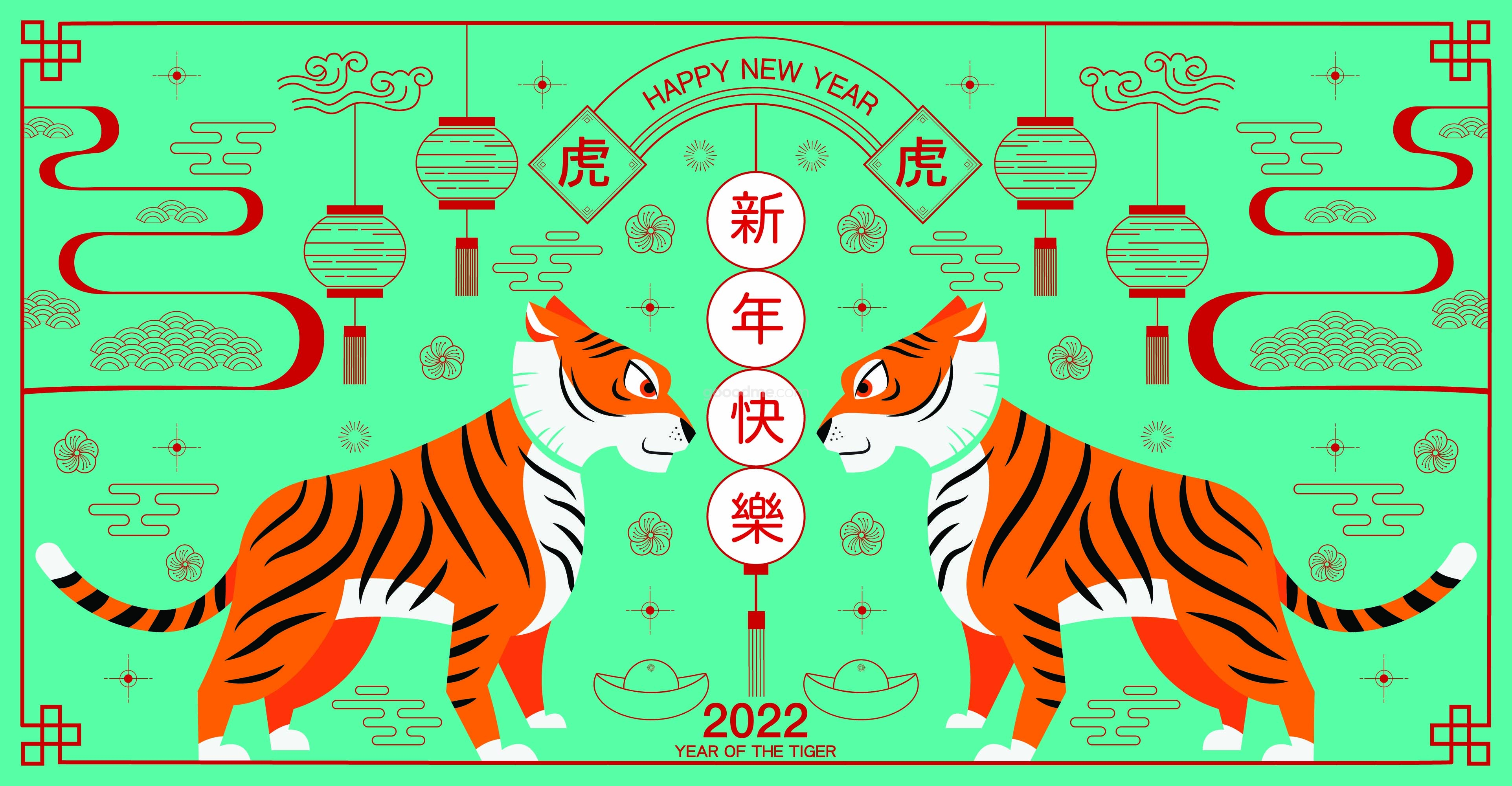 775 21款可商用港式风格2022年虎年新年海报设计矢量插画背景海报设计素材[EPS]