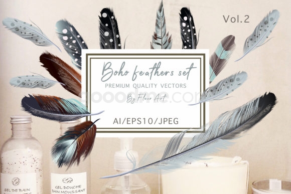 波西米亚风格矢量羽毛手绘插画素材 Bohemian mood vector feathers set