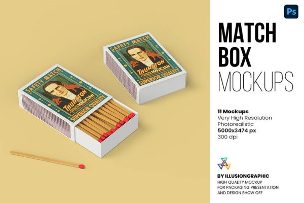 11款多角度火柴盒包装设计PSD样机 Match Box Mockup – 11 views