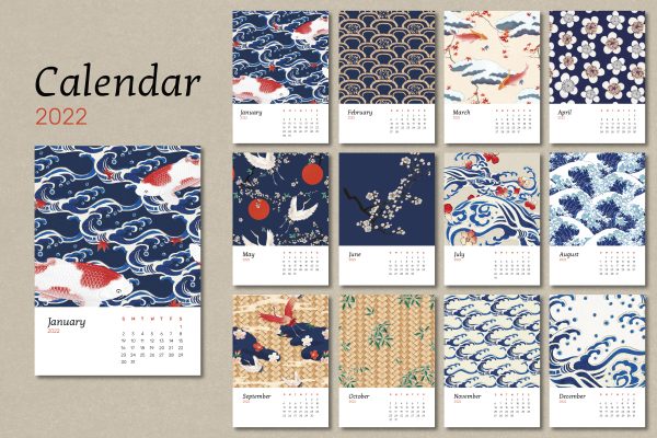 787 日式复古图案矢量背景2022新年挂历可商用设计模版japanese 2022 monthly calendar template vintage pattern vector set remix from vintage artwork by watanabe seitei