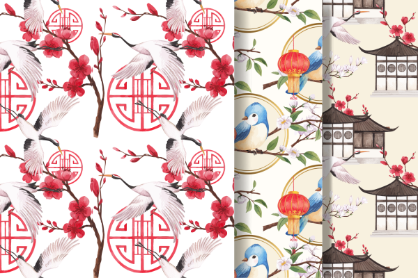 777 3款可商用中国风彩色水墨工笔画矢量无缝背景素材pattern template with happy chinese new year concept design watercolor illustration