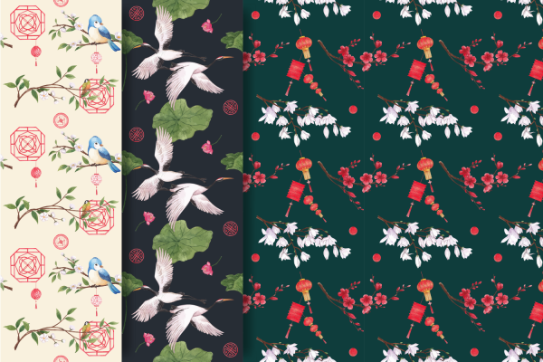 778 3款可商用中国风传统新年喜庆灯笼仙鹤矢量无缝背景素材pattern template with happy chinese new year concept design watercolor illustration