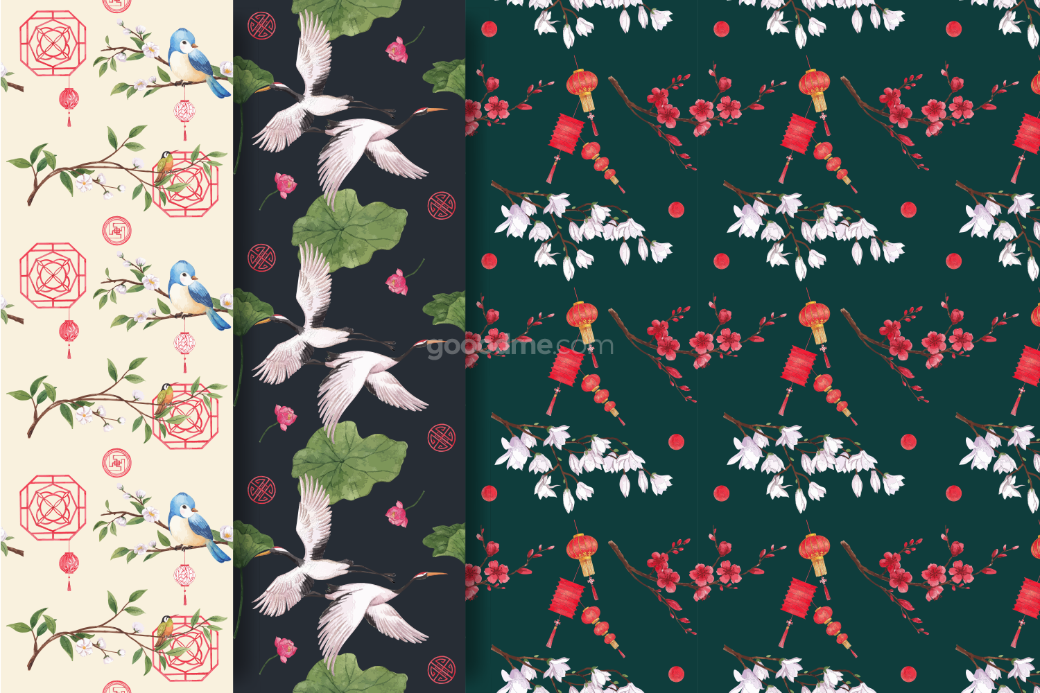 778 3款可商用中国风传统新年喜庆灯笼仙鹤矢量无缝背景素材pattern template with happy chinese new year concept design watercolor illustration
