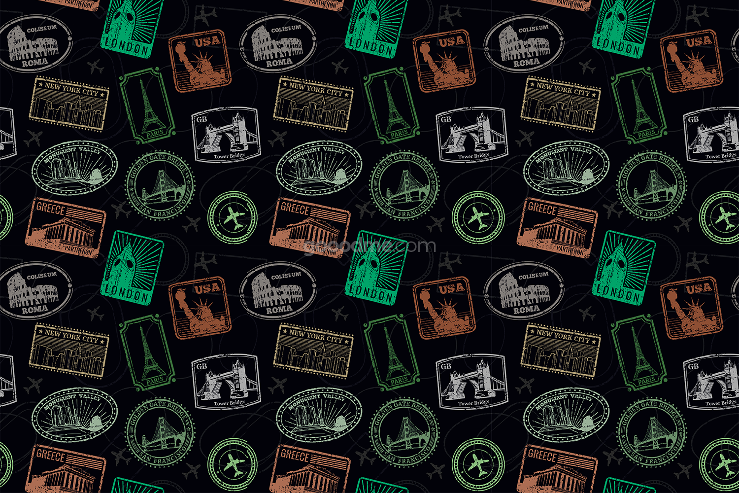 798 可商用世界建筑复古印章邮票戳无缝矢量背景素材famous world monuments seamless pattern