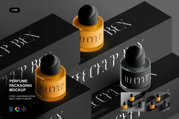 813 暗黑优雅香水玻璃瓶包装纸盒设计展示贴图PSD样机模板 Perfume Packaging Mockup
