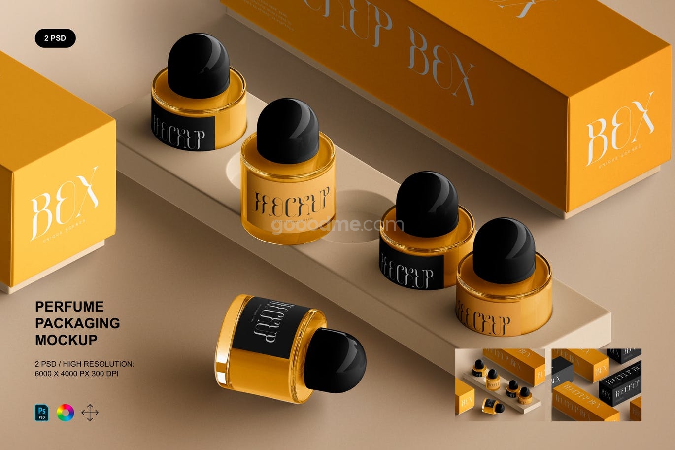808 现代优雅香水玻璃瓶包装纸盒设计展示贴图PSD样机模板 Perfume Packaging Mockup