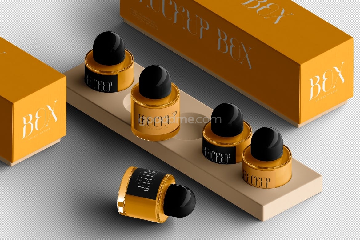 808 现代优雅香水玻璃瓶包装纸盒设计展示贴图PSD样机模板 Perfume Packaging Mockup