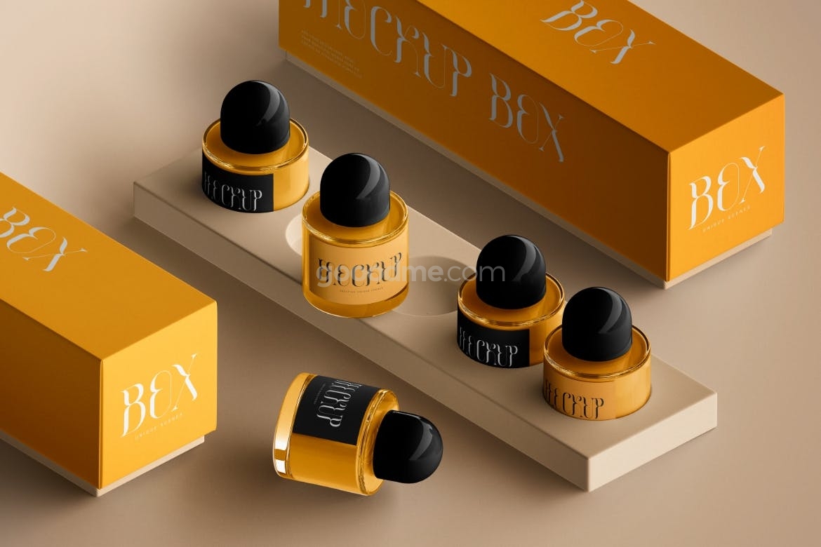 808 现代优雅香水玻璃瓶包装纸盒设计展示贴图PSD样机模板 Perfume Packaging Mockup