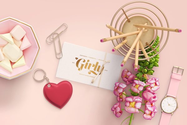 393 3款可商用少女风品牌VI卡片名片设计PSD样机 Three Girly Branding Mockups