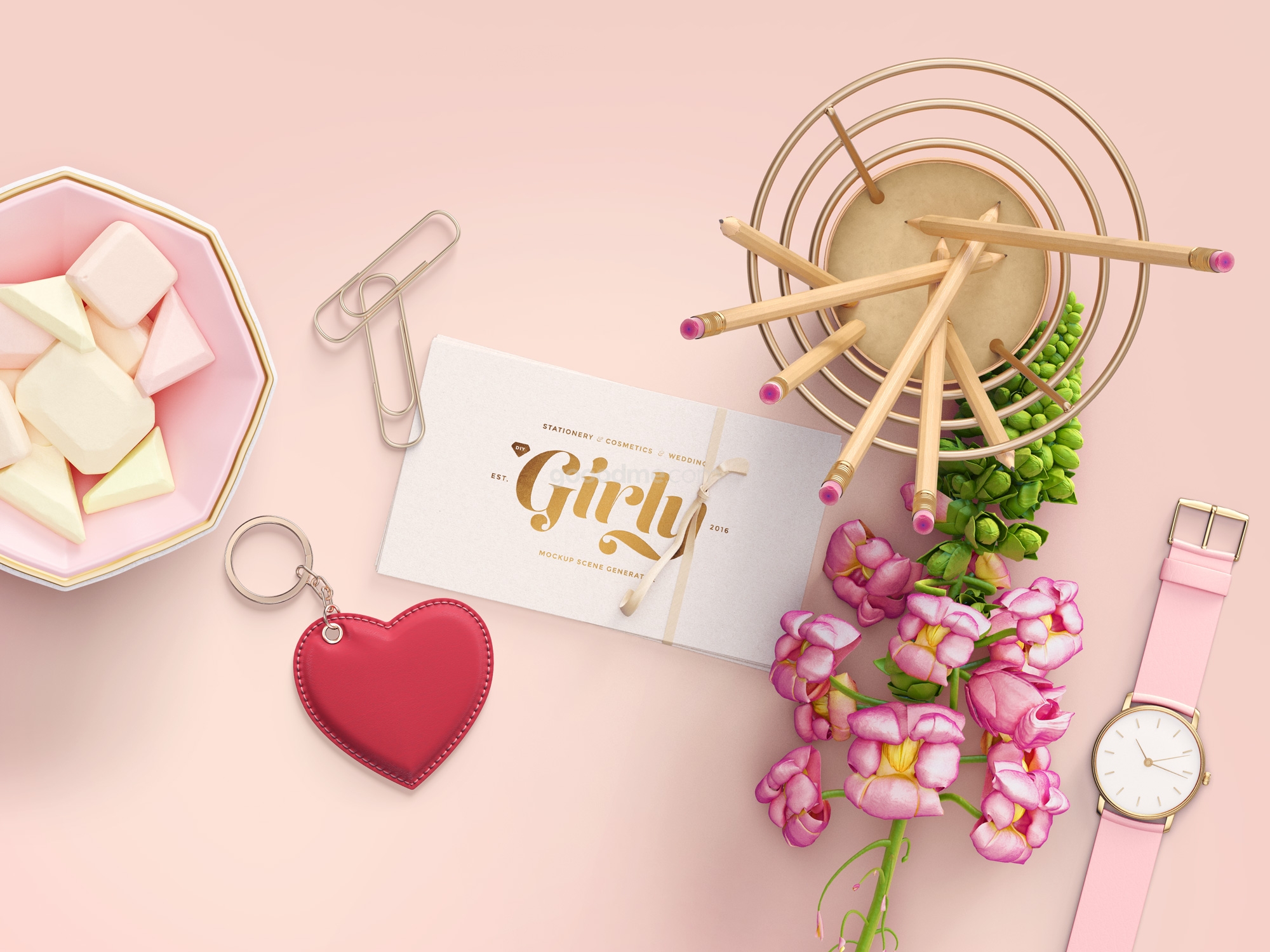 393 3款可商用少女风品牌VI卡片名片设计PSD样机 Three Girly Branding Mockups