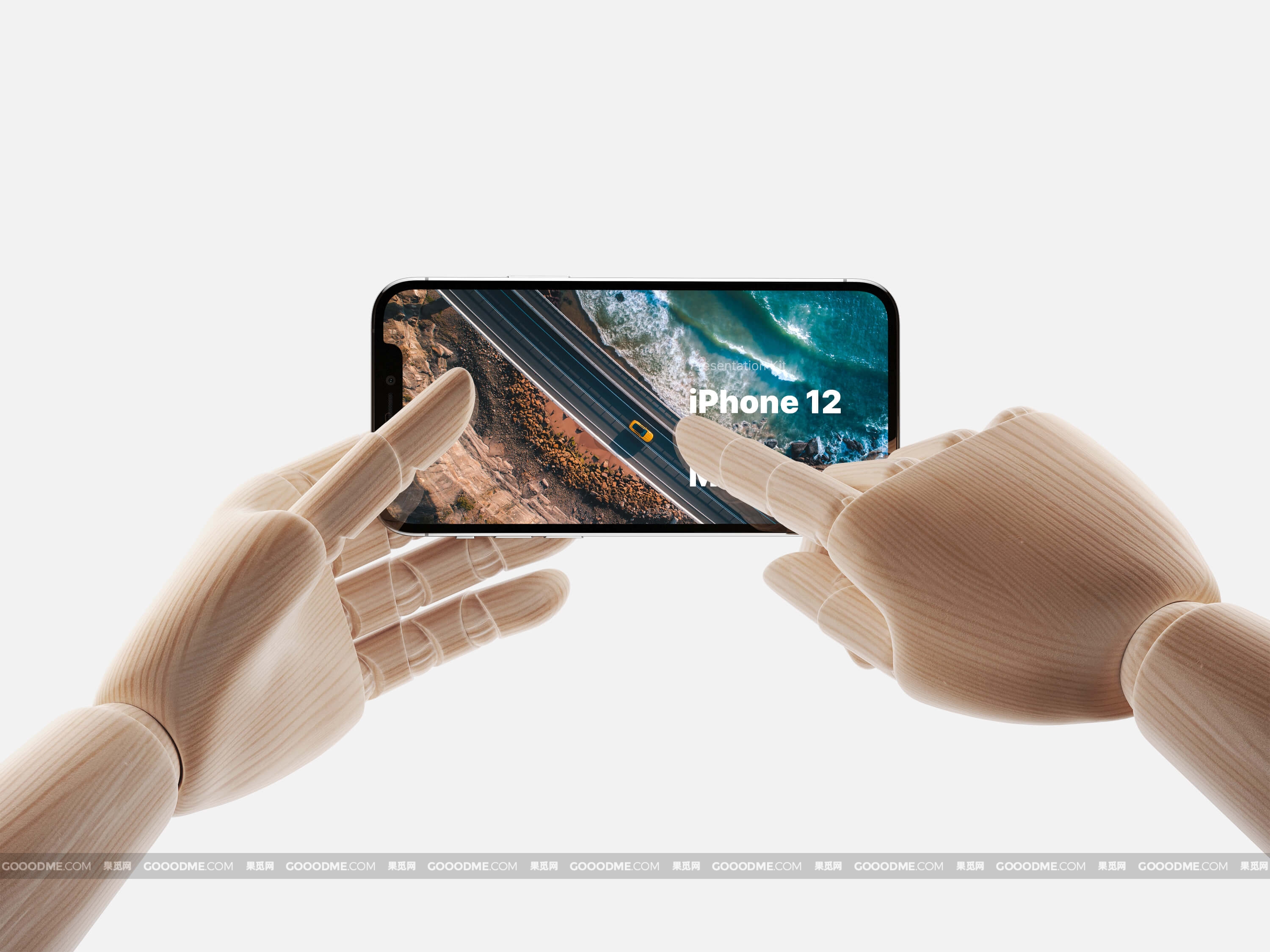 830 13款机械手臂木制手持手机UI展示设计样机素材Wooden Hands iPhone 12 Pro Mockups